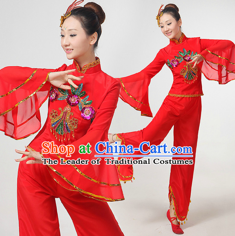 Chinese Festival Dance Costumes Ribbon Dancing Costume Dancewear China Dress Dance Wear and Hair Accessories Complete Set