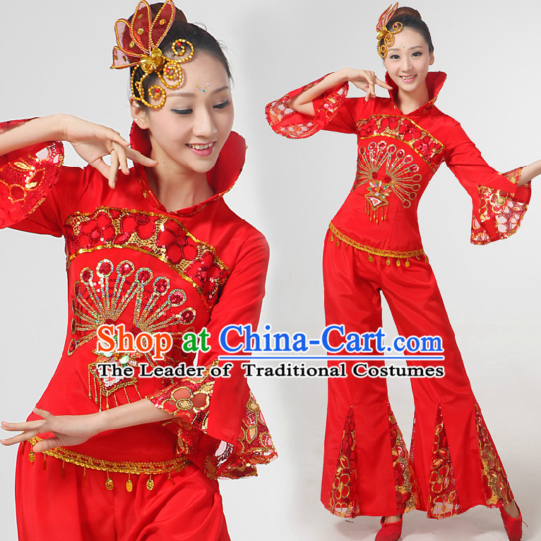 Chinese Festival Dance Costumes Ribbon Dancing Costume Dancewear China Dress Dance Wear and Hair Accessories Complete Set