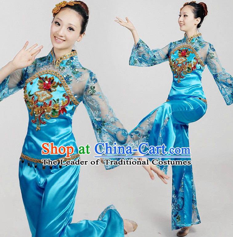 Chinese Dance Costumes Ribbon Dancing Costume Dancewear China Dress Dance Wear and Hair Accessories Complete Set