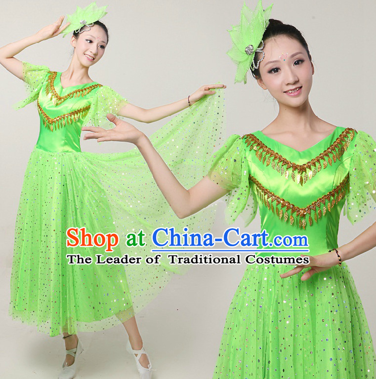 Asian Dance Costumes Ribbon Dancing Costume Dancewear China Dress Dance Wear and Hair Accessories Complete Set