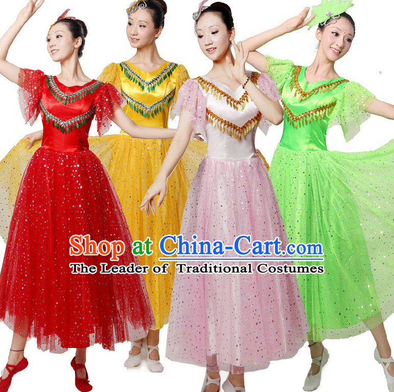 Asian Dance Costumes Ribbon Dancing Costume Dancewear China Dress Dance Wear and Headwear Complete Set