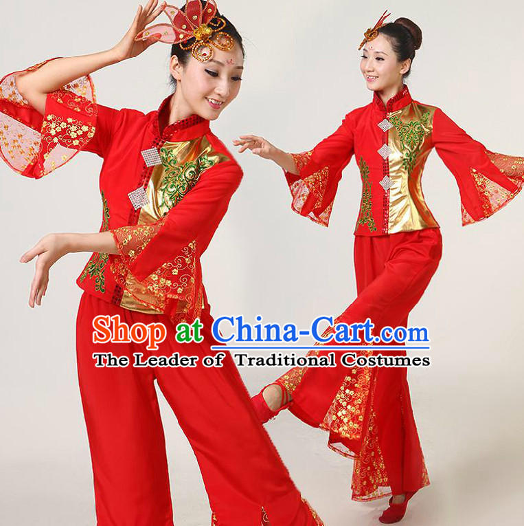 Chinese Dance Costumes Competition Costumes Dancewear China Dress Dance Wear and Headpieces Complete Set