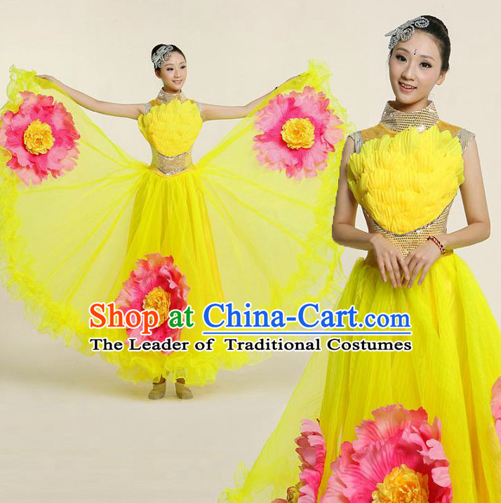 Chinese Flower Dance Costume Competition Costumes Dancewear China Dress Dance Wear and Headpieces Complete Set