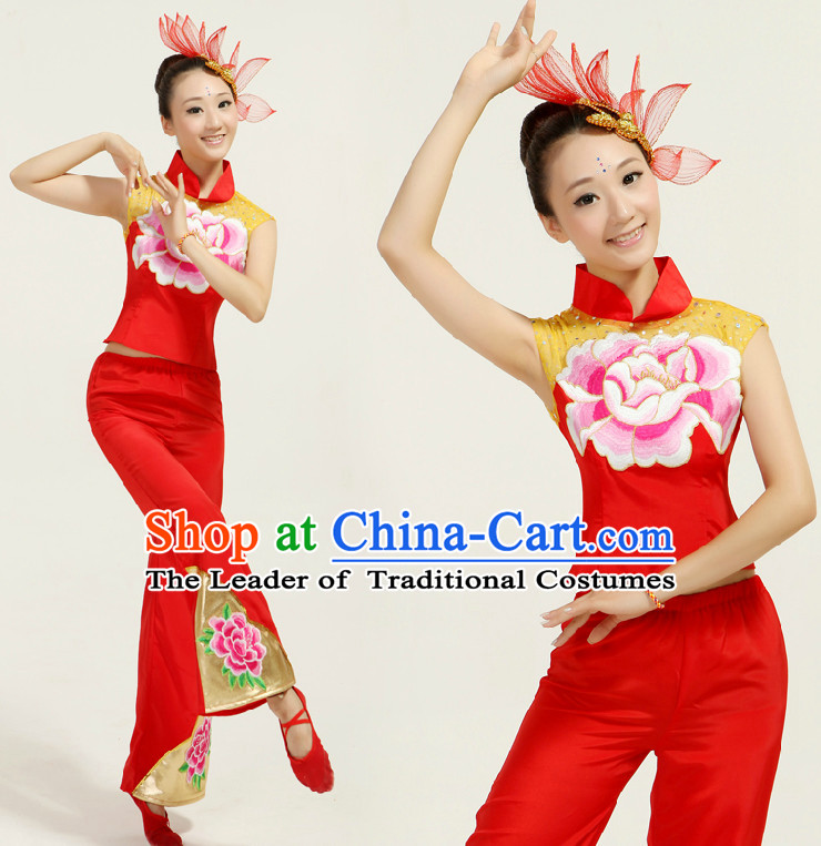 Asian Dance Costume Competition Costumes Dancewear China Dress Dance Wear and Headpieces Complete Set