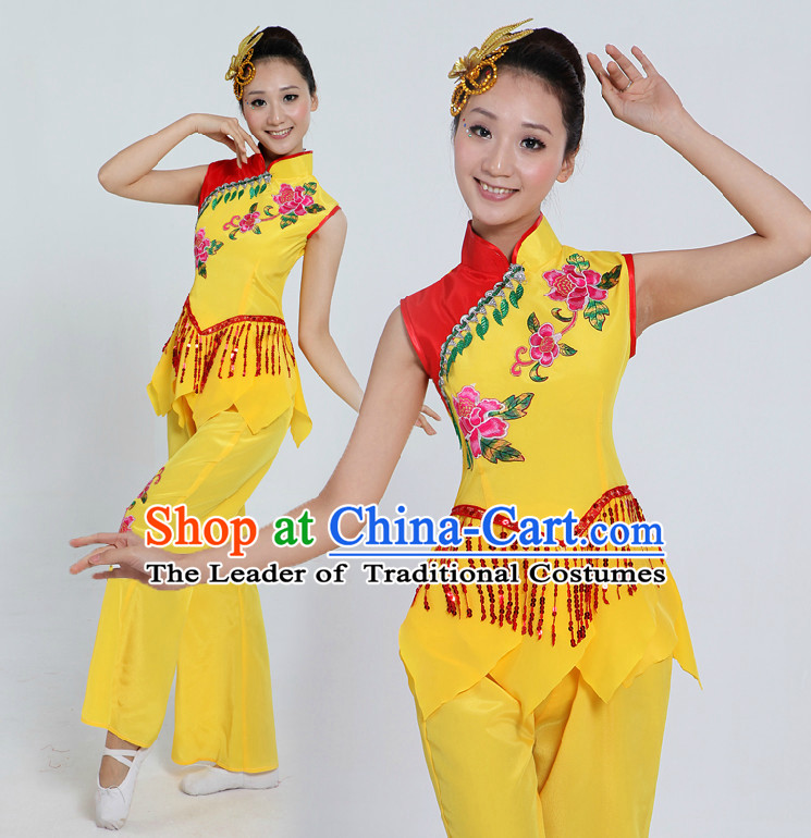 Asian Folk Dance Costume Group Dance Costumes Dancewear China Dress Dance Wear and Headpieces Complete Set