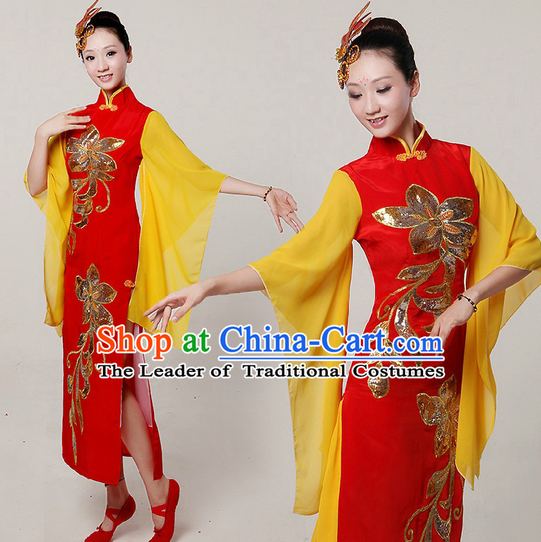 Chinese Stage Dance Costumes Ribbon Dancing Costume Dancewear China Dress Dance Wear and Hair Accessories Complete Set