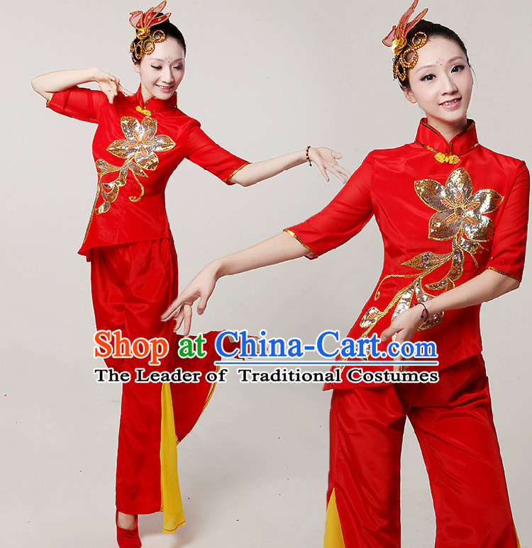 Chinese Folk  Dance Costumes Ribbon Dancing Costume Dancewear China Dress Dance Wear and Hair Accessories Complete Set