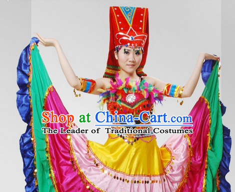 Chinese Stage Celebration Ethnic Dancewear and Hat Complete Set for Women