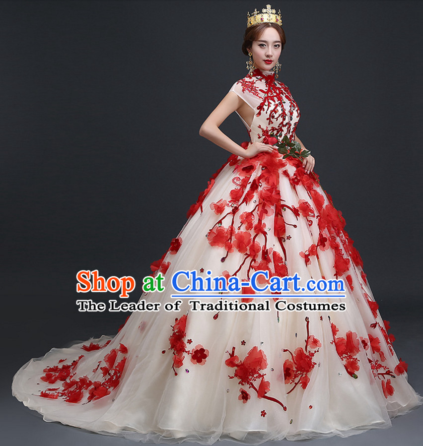 Top Chinese Floral Wedding Dress and Headwear Complete Set