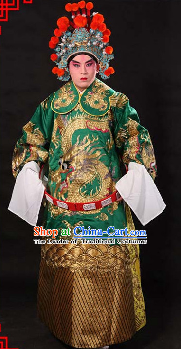 Green Ancient Chinese Embroidered Dragon Opera Clothing and Helmet Complete Set for Men