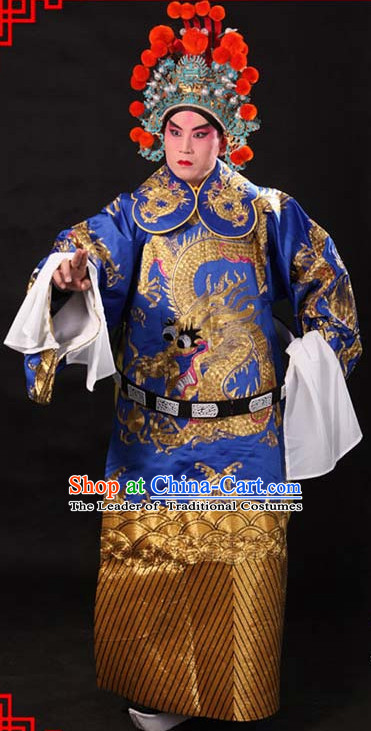 Blue Ancient Chinese Embroidered Dragon Opera Clothing and Helmet Complete Set for Men