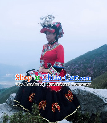 Chinese Folk Ethnic Traditional Clothes and Hat Complete Set for Women