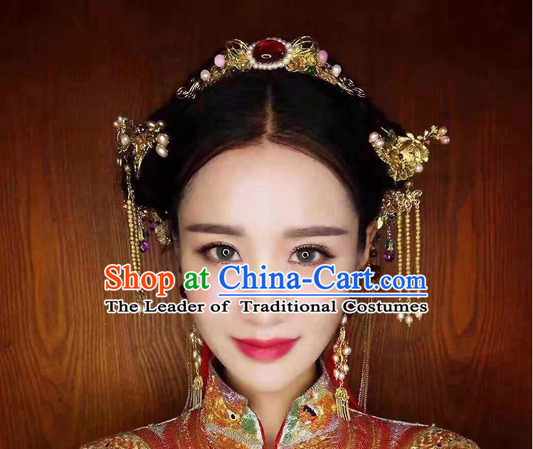 Chinese Ancient Style Hair Jewelry Accessories, Hairpins, Princess Hanfu Xiuhe Suit Wedding Bride Hair Accessories Set for Women