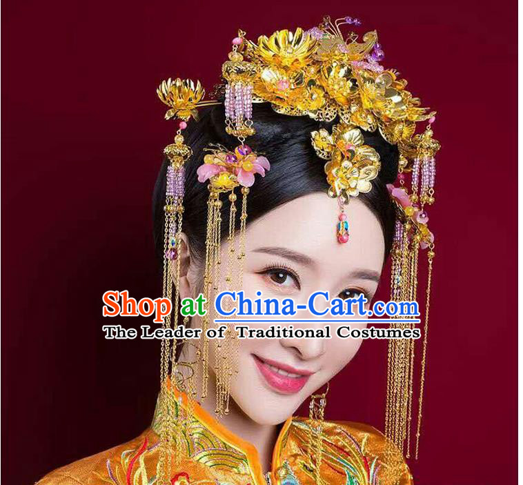 Chinese Ancient Style Hair Jewelry Accessories, Hairpins, Princess Hanfu Xiuhe Suit Wedding Bride Hair Accessories Set for Women