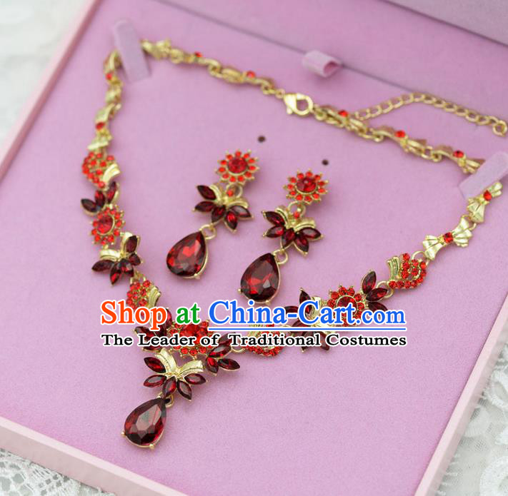 Traditional Wedding Jewelry Accessories, Palace Princess Bride Accessories, Engagement Necklaces, Wedding Earring, Baroco Style Red Crystal Necklace Set for Women