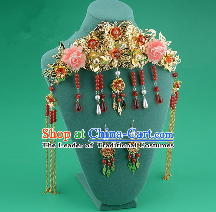 Chinese Ancient Style Hair Jewelry Accessories, Hairpins, Hanfu Xiuhe Suits Wedding Bride Headwear, Headdress, Imperial Empress Handmade Phoenix Hair Fascinators Set for Women