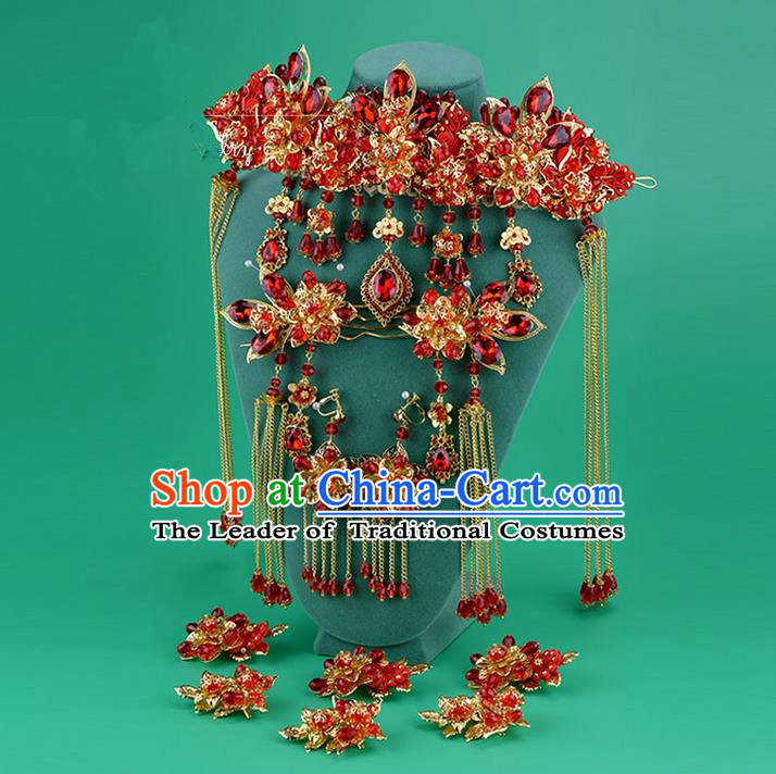 Chinese Ancient Style Hair Jewelry Accessories, Hairpins, Hanfu Xiuhe Suits Wedding Bride Headwear, Headdress, Imperial Empress Handmade Phoenix Hair Fascinators Set for Women