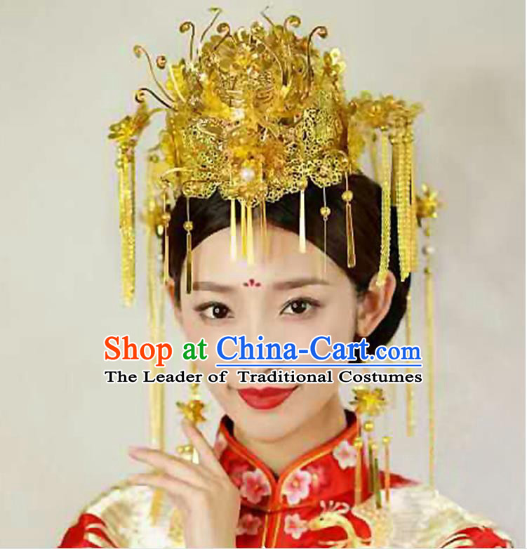 Chinese Ancient Style Hair Jewelry Accessories, Hairpins, Hanfu Xiuhe Suits Wedding Bride Headwear, Headdress, Imperial Empress Handmade Hair Fascinators for Women