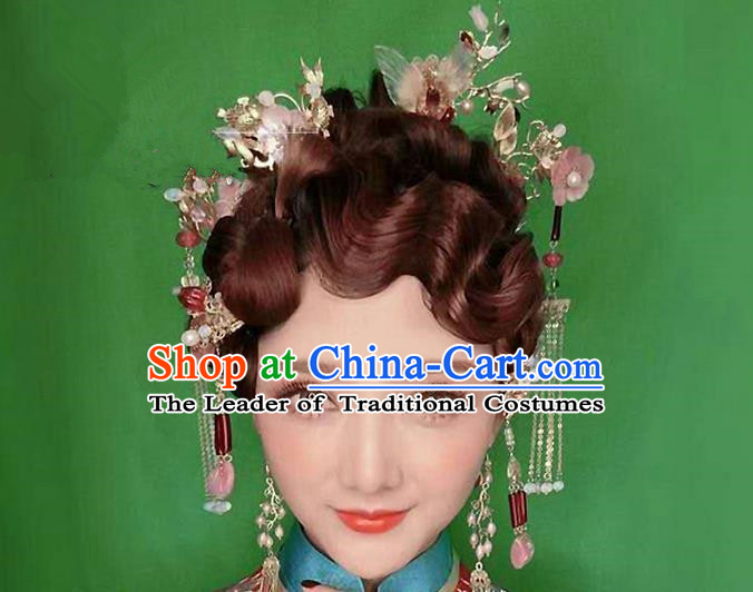 Chinese Ancient Style Hair Jewelry Accessories, Hairpins, Hanfu Xiuhe Suits Wedding Bride Headwear, Headdress, Imperial Empress Handmade Hair Fascinators Set for Women