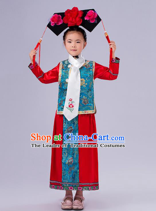 Ancient Chinese Palace Costumes Complete Set, Traditional Qing Dynasty Ancient Princess Skirt, Manchu Children Clothing, Cosplay Manchu Princess Dress Suits for Kids