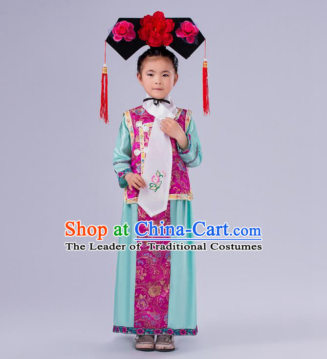 Ancient Chinese Palace Costumes Complete Set, Traditional Qing Dynasty Ancient Princess Skirt, Manchu Children Clothing, Cosplay Manchu Princess Dress Suits for Kids