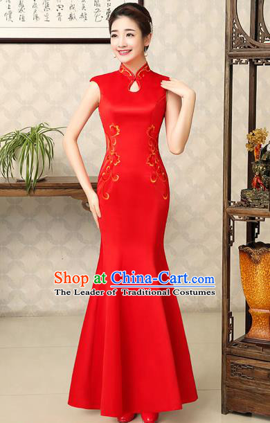 Ancient Chinese Costumes, Manchu Clothing Qipao, Retro Silk Mandarin Collar Cheongsam, Traditional Red Fish Tail Cheongsam Wedding Toast Dress for Bride