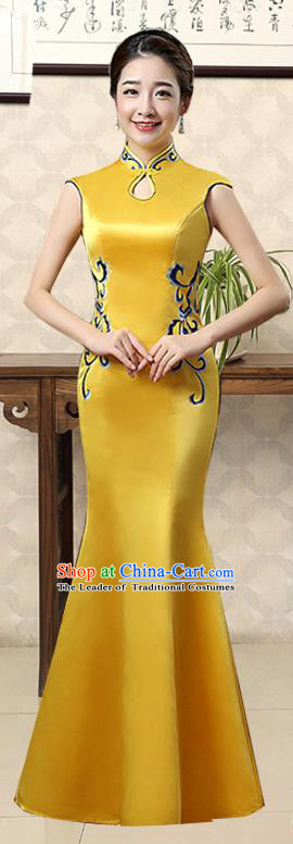 Ancient Chinese Costumes, Manchu Clothing Qipao, Retro Silk Mandarin Collar Cheongsam, Traditional Fish Tail Cheongsam Wedding Toast Dress for Bride