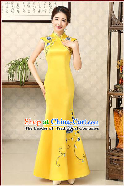 Ancient Chinese Costumes, Manchu Clothing Qipao, Improved Long Silk Cheongsam, Traditional Fish Tail Cheongsam Wedding Toast Dress for Bride