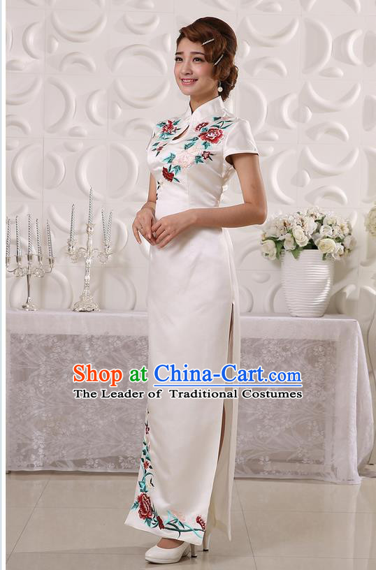 Ancient Chinese Costumes, Manchu Clothing Qipao, Retro Mandarin Collar Embroidered Long Silk Cheongsam, Traditional Cheongsam Wedding Toast Dress for Bride