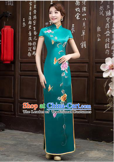 Ancient Chinese Costumes, Manchu Clothing Qipao, Retro Silk Long Embroidered Cheongsam, Traditional Red Fish Tail Cheongsam Wedding Toast Dress for Bride