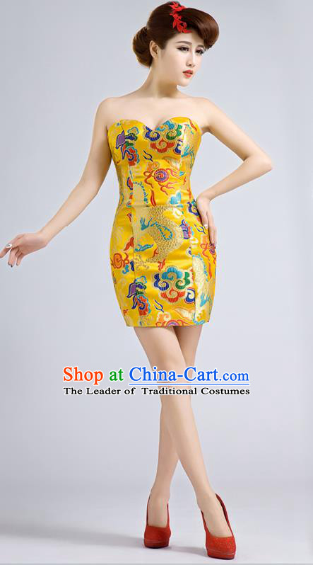 Ancient Chinese Costumes, Manchu Clothing Qipao, Improved Short Silk Cheongsam, Traditional Cheongsam Wedding Toast Dress for Bride