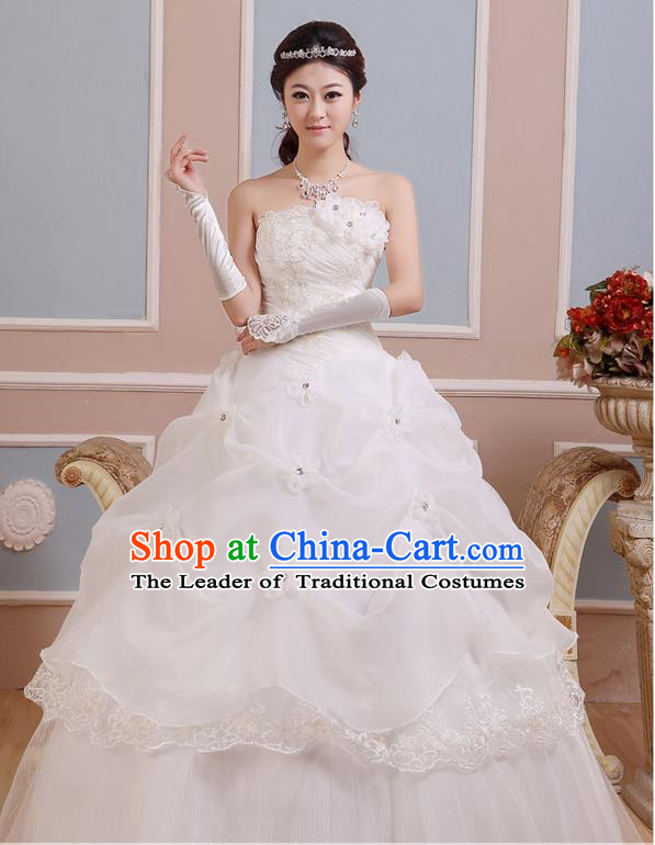 Traditional Chinese Large Size Bride Strapless Wedding Dress, Floor Length Wedding Dress for Women