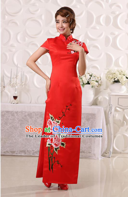 Ancient Chinese Costumes, Manchu Clothing Qipao, Retro Mandarin Collar Embroidered Long Silk Cheongsam, Traditional Red Cheongsam Wedding Toast Dress for Bride