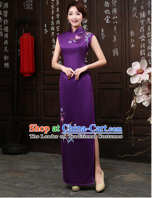 Ancient Chinese Costumes, Manchu Clothing Qipao, Retro Mandarin Collar Embroidered Silk Long Cheongsam, Traditional Cheongsam Wedding Toast Dress for Bride