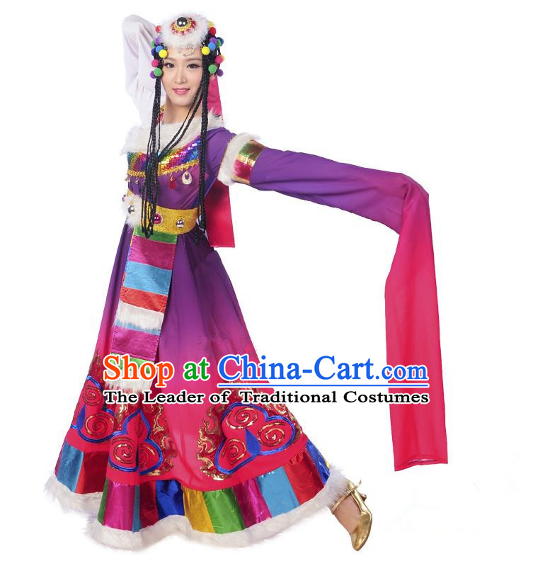 Traditional Chinese Zang Nationality Dancing Costume, Folk Dance Ethnic Costume, Chinese Minority Nationality Tibetan Dance Costume for Women