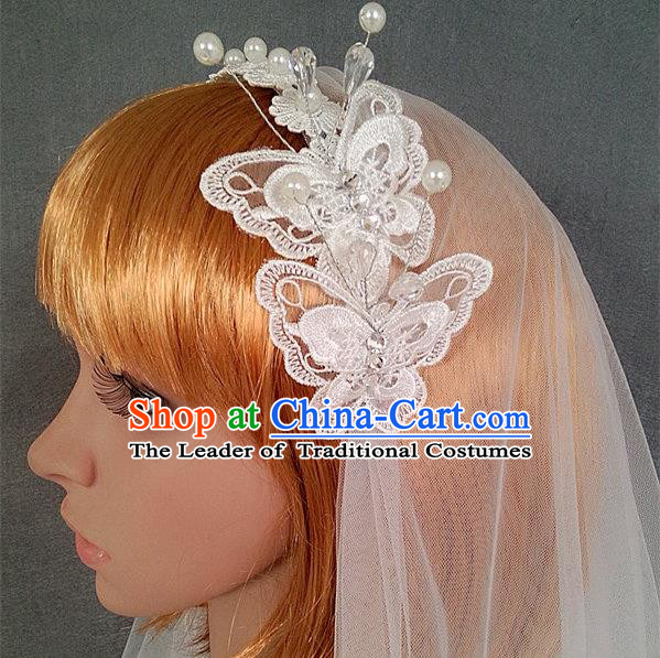 Chinese Wedding Jewelry Accessories, Traditional Bride Headwear, Wedding Tiaras, bridal Wedding Lace Bowknot Veil