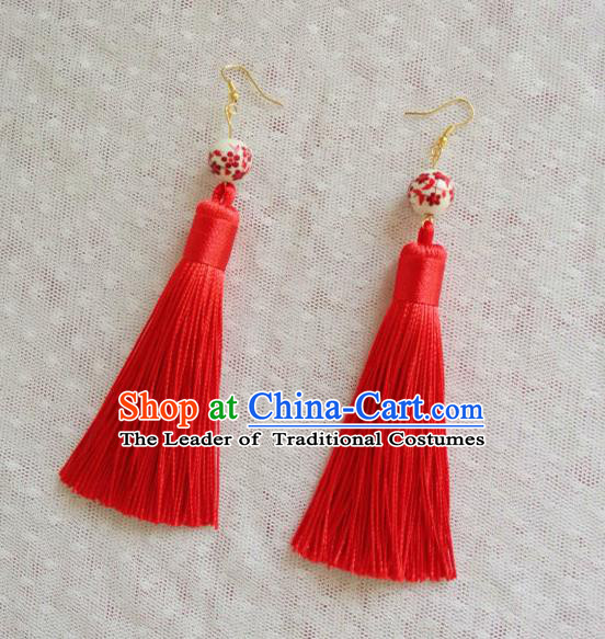 Chinese Wedding Jewelry Accessories, Traditional Xiuhe Suits Wedding Bride Earrings, Ancient Chinese Red Tassel Earrings