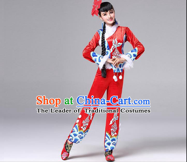 Traditional Chinese Yangge Fan Dancing Costume, Folk Dance Yangko Costume for Women