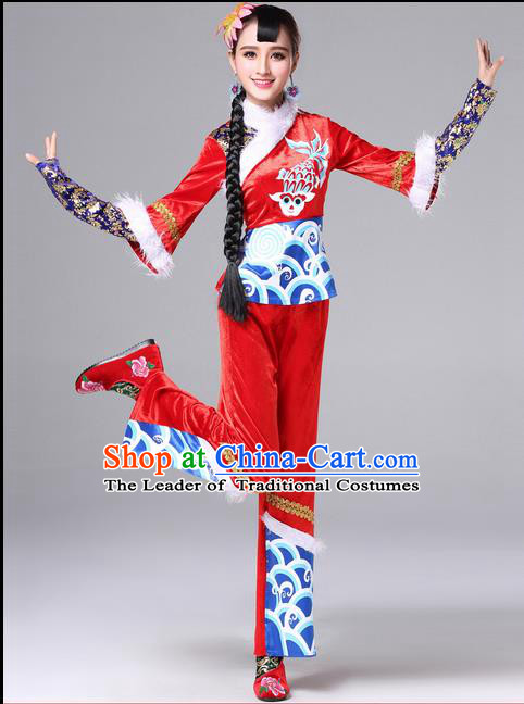 Traditional Chinese Yangge Fan Dancing Costume, Folk Dance Yangko Costume for Women