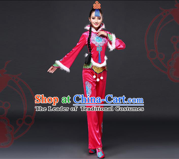 Traditional Chinese Yangge Fan Dancing Costume, Folk Dance Yangko Costume for Women