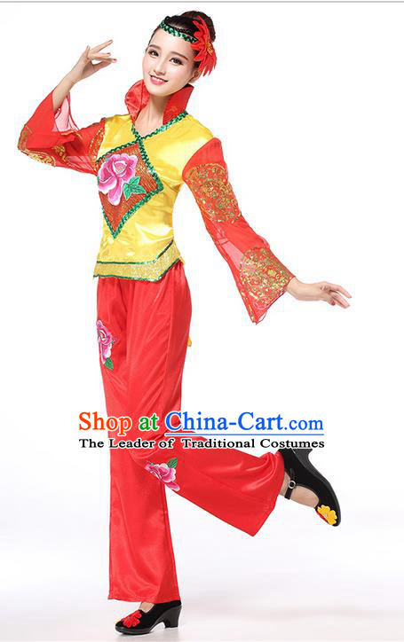 Traditional Chinese Yangge Fan Dancing Costume, Folk Dance Yangko Costume for Women