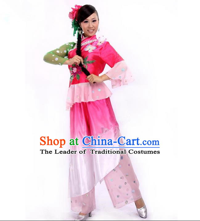 Traditional Chinese Yangge Fan Dancing Costume, Folk Dance Yangko Costume for Women