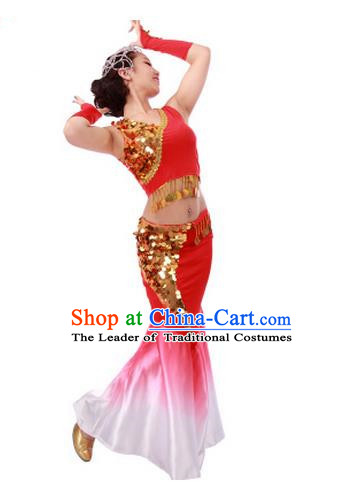 Traditional Chinese Dai nationality Peacock Dancing Costume, Folk Dance Ethnic Fish Tail Costume, Chinese Minority Nationality Dancing Costume for Women