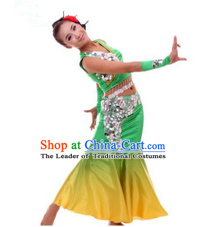 Traditional Chinese Dai nationality Peacock Dancing Costume, Folk Dance Ethnic Fish Tail Costume, Chinese Minority Nationality Dancing Costume for Women