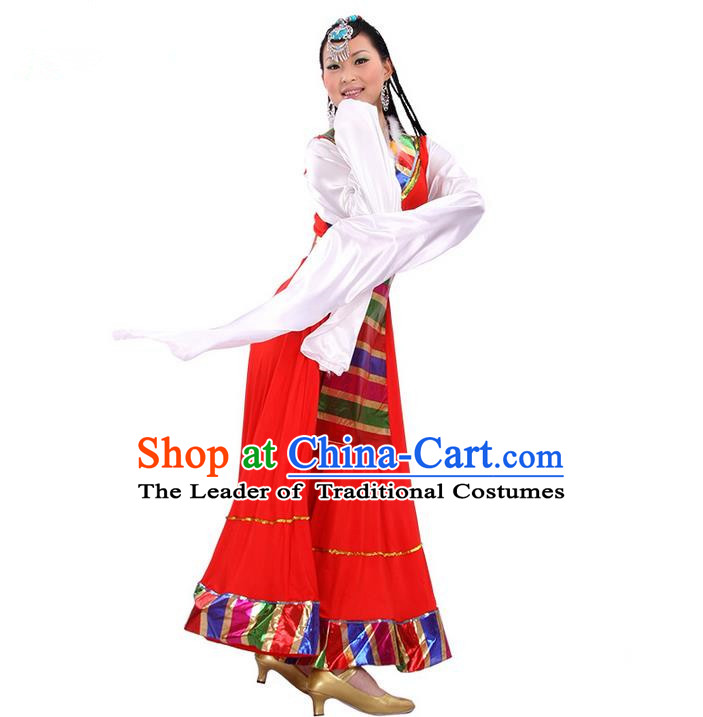 Traditional Chinese Zang Nationality Dancing Costume, Folk Dance Ethnic Costume, Chinese Minority Nationality Tibetan Dance Costume for Women