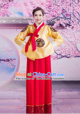 Korean Traditional Dress Women Girl Dancing Stage Ceremonial Dress Yellow Top Red Skirt