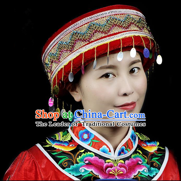 Chinese Traditional Miao Minority Hmong Folk Ethnic Hat, Embroidery Bell Hat for Women