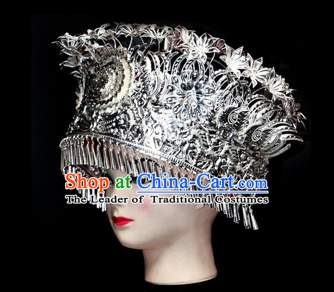 Chinese Traditional Miao Minority Hmong Folk Ethnic Hat, Miao Minority Sliver Crown Jewelry Accessories, Miao Headgear for Women