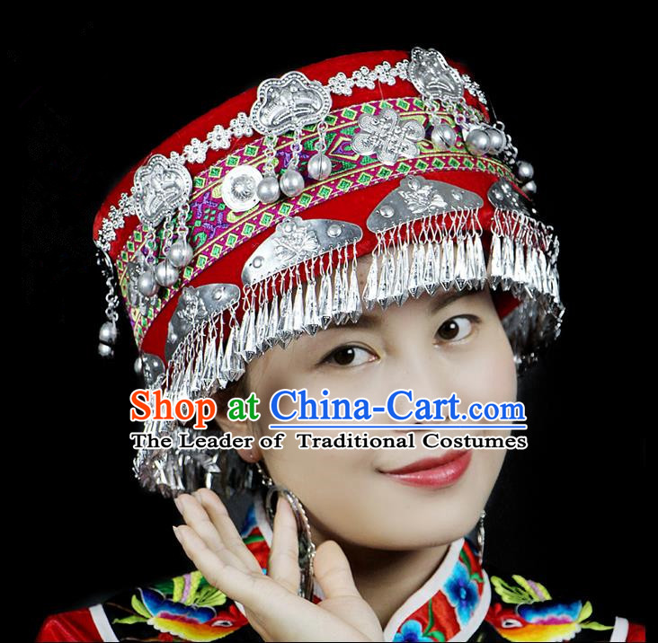 Chinese Traditional Miao Minority Hmong Folk Ethnic Hat, Tujia Minority Embroidery Bells Hat for Women