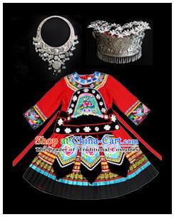 Traditional Chinese Miao Nationality Dancing Costume Accessories Set, Children Folk Dance Ethnic Cloth and Headwear, Chinese Tujia Minority Nationality Costume and Hat for Kids